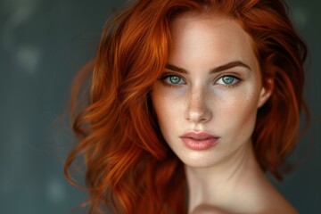 Fototapeta premium Stunning redhead model is posing in front of a dark background, showcasing her beautiful features