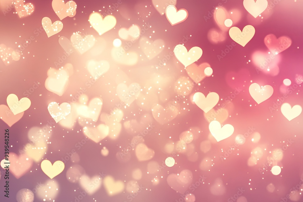 Poster soft pink and yellow bokeh background with heart shapes.