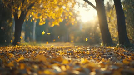 A serene autumn pathway lined with golden leaves and illuminated by soft sunlight.
