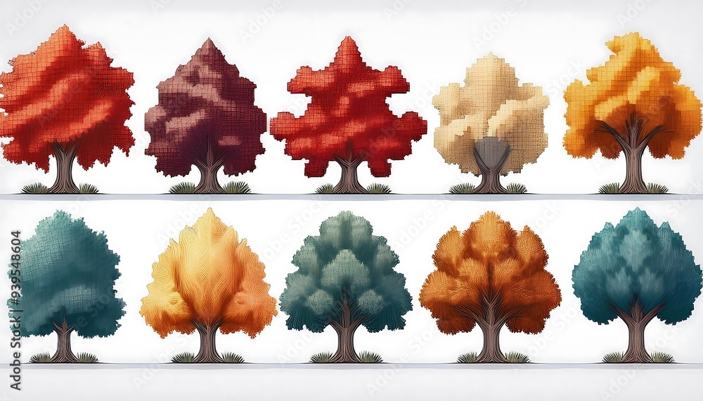 Wall mural Autumn Pixelated Forest Set - 16-bit pixel art collection of different autumn trees. Fall Game Design assets collection. Isolated on white background. Graphics art 8 bit illustration