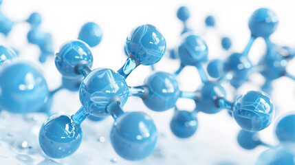 Abstract blurred scientific background with blue reflective molecule model on a white backdrop