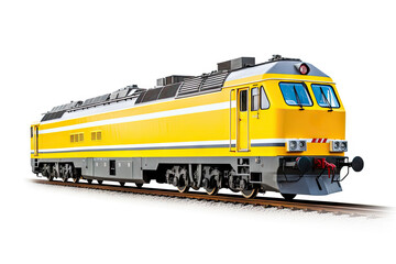 Fototapeta premium Yellow electric locomotive pulling a train of passenger railroad cars on tracks, symbolizing public transport and efficient land travel.