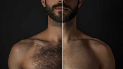A visual comparison displays a male torso with body hair on one side and a smooth, hair-free appearance on the other. This striking contrast highlights grooming choices