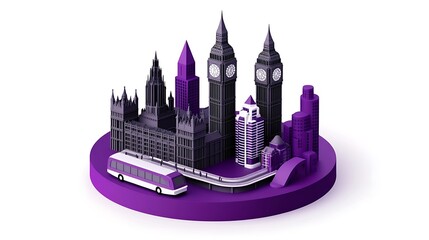Obraz premium London Cityscape 3D Logo with Big Ben and Bus on Purple Base - Vector Illustration Design