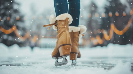Close-up of women's legs in vintage skates against the background of an ice rink in snowy winter. Generated AI