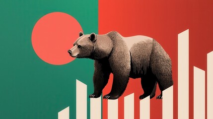 Naklejka premium Bearish market visualized with a determined bear navigating through a field of ascending stock symbols