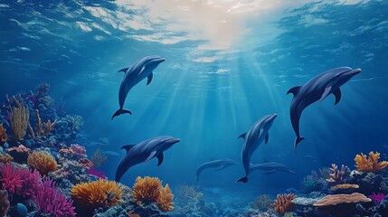 Obraz premium Dolphins Swimming in Coral Reef