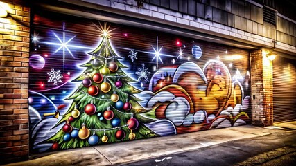 Colorful street art mural depicting a Christmas tree with bright ornaments and a winter scene, blending festive holiday cheer with urban artistic expression - Powered by Adobe