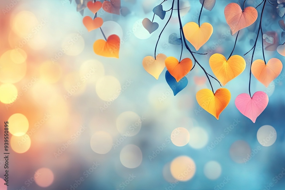 Poster Heart-shaped leaves on a branch with a blurred background of bokeh lights.