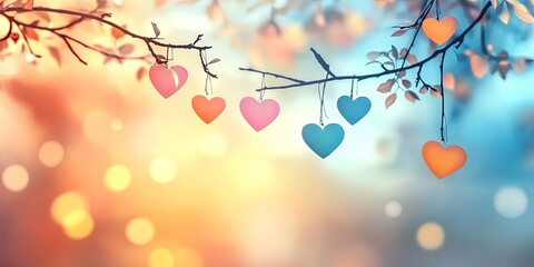 Obraz premium Colorful paper hearts hanging on a tree branch against a blurred background of bokeh lights.