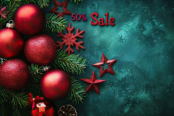 Red Christmas ornament hanging on a festive tree with a starfish on display, signaling a 50% sale on holiday decorations.