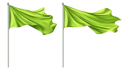 Vibrant Green Flags Fluttering in the Wind - Hyperrealistic Clipart Illustration on White Background.