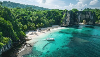 Obraz premium Tropical Paradise: A Boat Navigating Turquoise Waters
