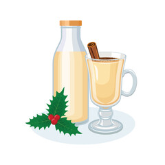 Glass of eggnog and cinnamon stick vector illustration. Glass and a bottle of eggnog icon vector isolated on a white background. Eggnog drink and christmas holly drawing