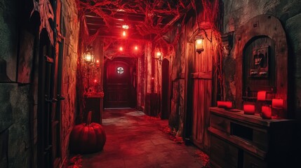 Fototapeta premium A Spooky Corridor with Red Lighting and Cobwebs