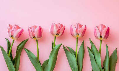 Five pink tulips in a row on a pink background.