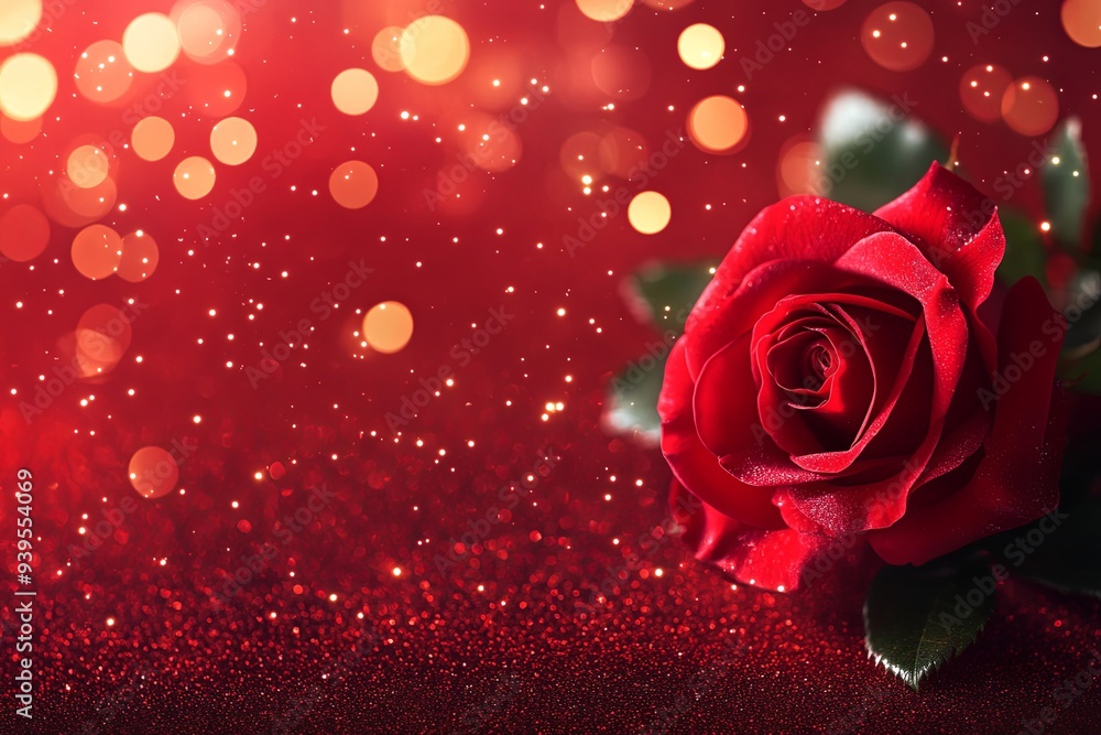 Poster a single red rose on a red sparkly background with bokeh lights.