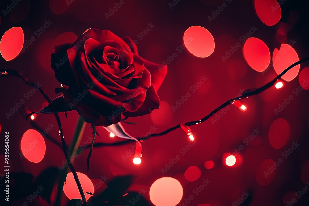 Poster A single red rose with a string of fairy lights on a red bokeh background.
