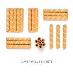 Creative layout made of wafer roll on the white background. Food concept. Macro concept.