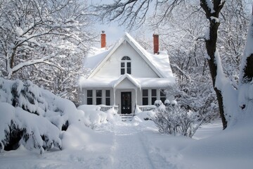 Snowy Front Yard. Traditional Old-Fashioned House Covered in Winter Snow