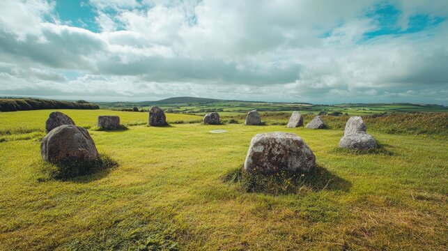 Stone Circle Ireland. Drombeg Stone Circle on Lush Green Landscape under Cork Sky