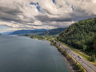 Interstate 84 on the South side of the Columbia River Gorge, Oregon Aerial