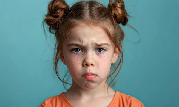 A child expresses frustration with a pout and serious gaze against a blue backdrop