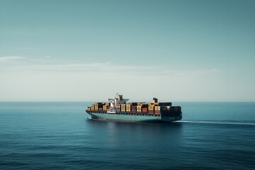 A Cargo Ship Sailing On The Open Sea, Loaded With Containers, Vast Ocean Expanse, Heavy-duty Maritime Transport, Professional Photo
