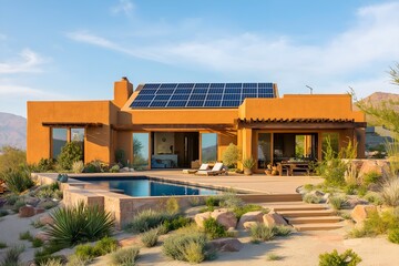 Obraz premium Modern Solar Panels Installed On A Home Under Clear Blue Sunny Sky In Mountain Desert With Swimming Pool, Solar Photography, Solar Powered Clean Energy, Sustainable Resources, Electricity Source