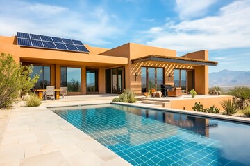 Fototapeta premium Modern Solar Panels Installed On A Home Under Clear Blue Sunny Sky In Mountain Desert With Swimming Pool, Solar Photography, Solar Powered Clean Energy, Sustainable Resources, Electricity Source