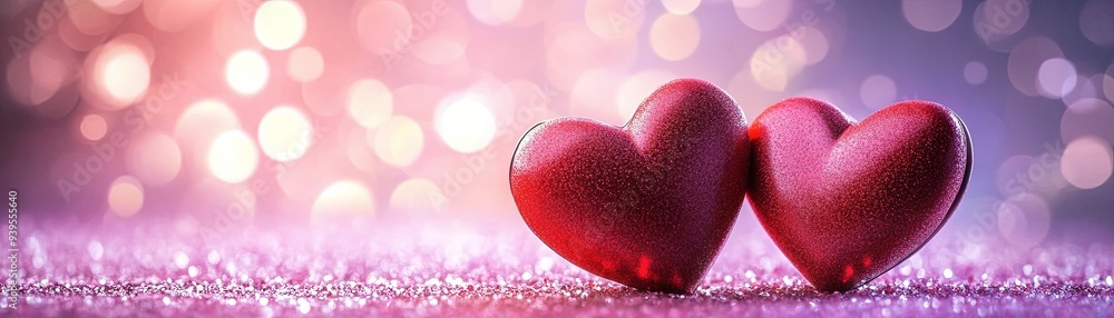 Poster two red hearts on a glitter background with a bokeh effect in the background.