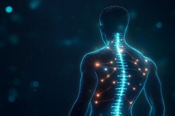 A glowing digital representation of the human spine and nervous system, highlighting complex neural connections with a futuristic aesthetic, set against a dark background.