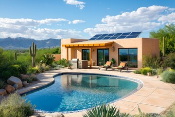 Fototapeta premium Modern Solar Panels Installed On A Home Under Clear Blue Sunny Sky In Mountain Desert With Swimming Pool, Solar Photography, Solar Powered Clean Energy, Sustainable Resources, Electricity Source
