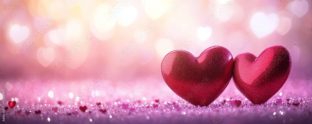 Poster two red hearts on a glittery surface with a bokeh background.