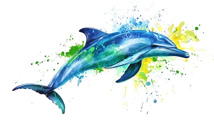 Vivid Watercolor Dolphin Illustration on White Background with Blue and Green Splashes of Color