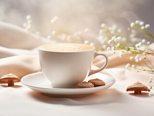 Superb Trendy mushroom coffee in white porcelain vintage cup over white background
