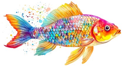 Fototapeta premium Colorful Vibrant Fish Illustration in Watercolor Style on White Background