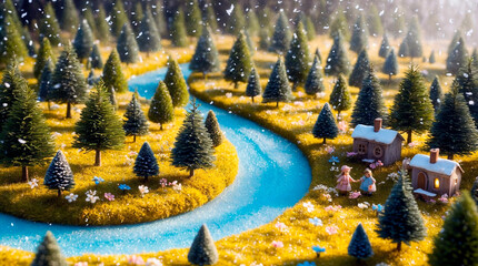 Cute forest with tiny trees and a creek illustration 16:9