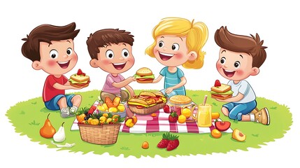 Happy Cartoon Children Picnic Fun on White Background - Clip Art Style Illustration of Kids Enjoying Picnic with Sandwiches and Fruits