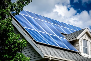 Fototapeta premium Modern Solar Panels Installed On A New York Home Under Clear Blue Sunny Sky, Solar Photography, Solar Powered Clean Energy, Sustainable Resources, Electricity Source