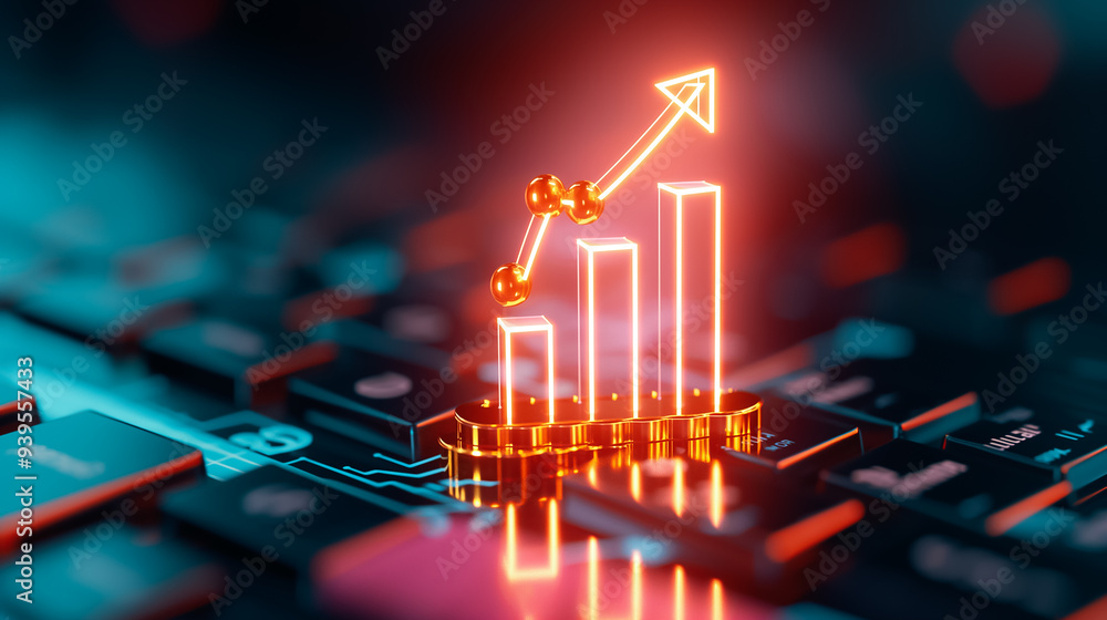 Poster a glowing bar chart signifies financial growth, positioned on a computer keyboard. the bright colors