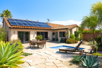 Obraz premium Modern Solar Panels Installed On A San Diego Home Under Clear Blue Sunny Sky, Solar Photography, Solar Powered Clean Energy, Sustainable Resources, Electricity Source