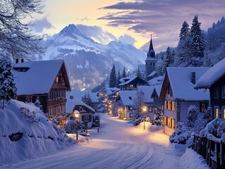 Fototapeta premium tranquil snowy street scene incharming Swiss town during winter