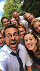 Fototapeta premium A group of friends laughing and posing together, exuding happiness and joy. Man and woman in glasses smiling, with a mix of youth and adult faces.