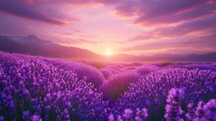 Fototapeta premium Serene lavender fields at dusk with a rosy sky perfect for tranquil wallpaper themes