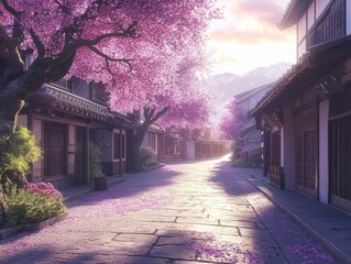 Naklejka premium Serene Streetscape inTraditional Japanese TownCharming Architecture