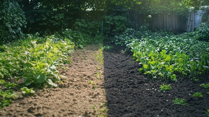 This garden plot illustrates the transformation from bare soil to thriving plants, highlighting the effort put into nurturing the space for growth and productivity