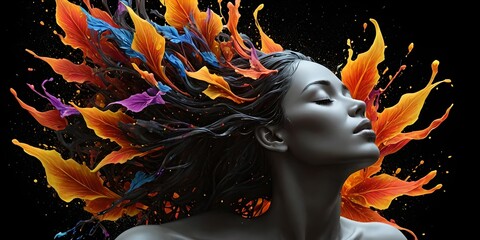 Naklejka premium Wallpaper on a black background with hibiscus and a woman's face inlay. Psychedelic 3D image.