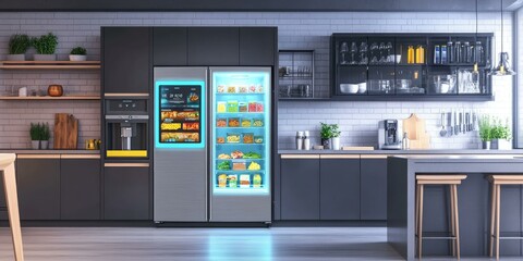 Naklejka premium Modern kitchen with a smart refrigerator.