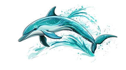 Fototapeta premium Playful Dolphin Jumping Vector Illustration in Teal and Turquoise Graffiti Style for T-shirt Design on White Background